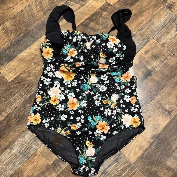 torrid Other - torrid Black Floral One-Piece Swimsuit with Yellow & Teal Blooms